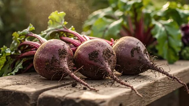 Freshly Harvested Beetroots with Green Leaves Displayed on a Rustic Wooden Surface in Sunlight