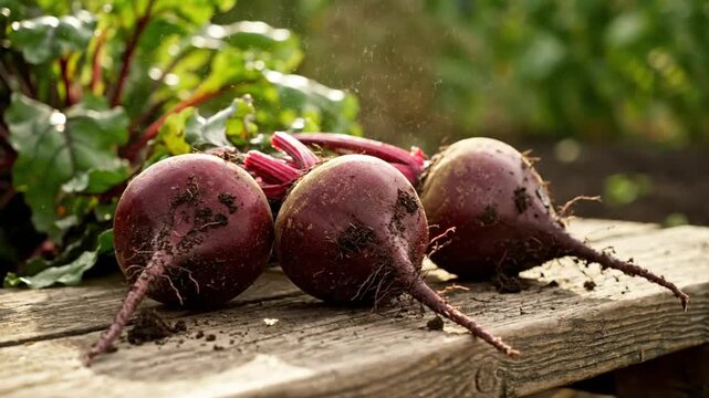 Freshly Harvested Beetroots with Green Leaves on a Rustic Wooden Table Against a Blurred Garden Background