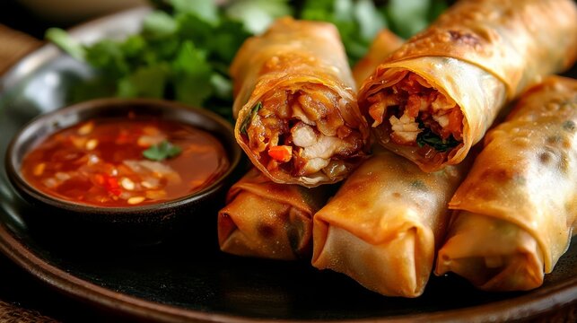 Appetizing plate of crispy asian spring rolls ready to be enjoyed.