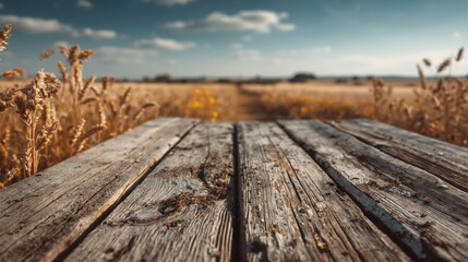 Obraz premium Rustic wooden table surface with blurred wheat field background. Agriculture harvest landscape with copy space