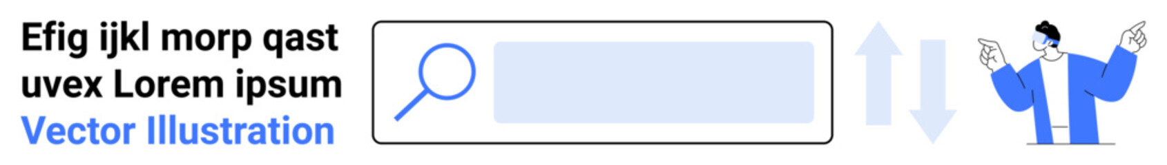 Digital search tool, user interaction, data browsing, online navigation, interface design, web functionality. Search bar with magnifying glass and pointing character. Search tools and user