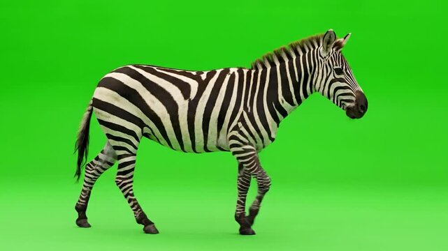 A realistic zebra, with black and white stripes, walks right against a green background