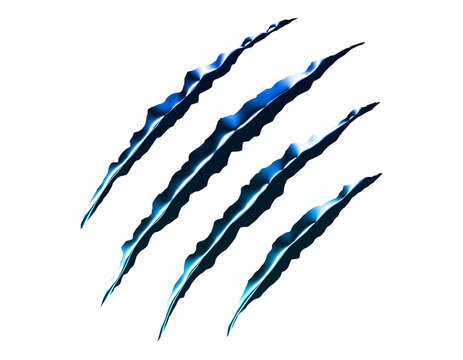 Blue claw marks isolated on transparent background with metallic liquid slashes and jagged edges as a cutout for aggressive gaming graphics, animal scratch effects, or monster themes.