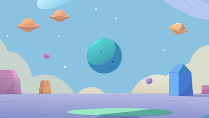 A tropical blue summer landscape vector illustration featuring colorful balloons in the sky above a calm sea beach with a sun and rainbow