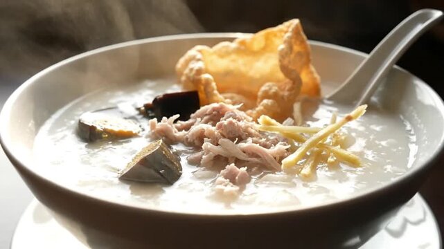 Delicious congee recipe kitchen food photography cozy environment bird's eye view generative ai inspired