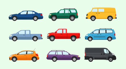 Fototapeta premium Collection of colorful cartoon cars and vans on a light green background.