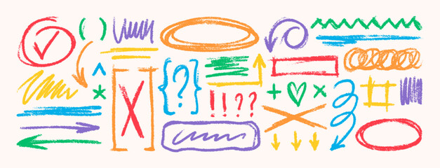 Hand Drawn Crayon Scribble Highlight. Vector Pencil Wavy Strokes, Underline, Rectangle Border, Question Mark, Check, Arrows, Brackets, X. Doodle Chalk Textures Set in Kids Style for Sticker, Poster