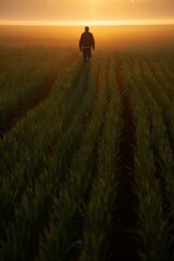 Man walking through green crop field during beautiful sunset