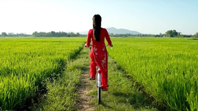 Young Vietnamese woman in traditional ao dai dress cycling through lush green rice fields on a sunny day.