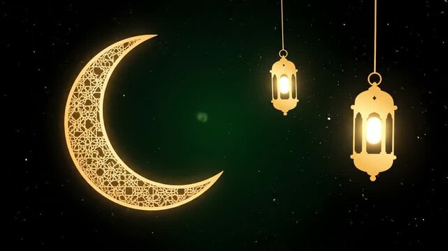Golden crescent moon with traditional Islamic lanterns illuminating a dark, star-dusted sky, symbolizing Ramadan celebrations and Islamic culture
