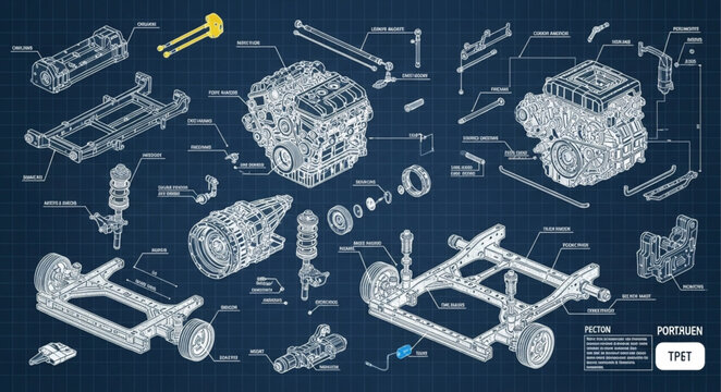 Exploded View Blueprint of a Car Engine and Chassis Components.