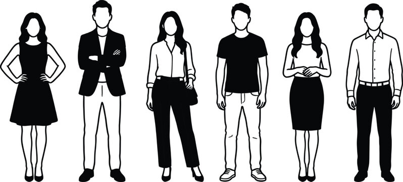Set of faceless professional people silhouettes in various business and casual outfits isolated on white background for design