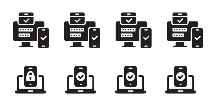 Two factor authentication icons showing desktop computer mobile phone sync security symbols