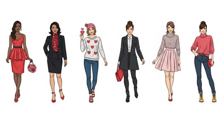 Fototapeta premium Stylish Women Valentine Outfit Illustration Set, Fashion Characters in Romantic Looks