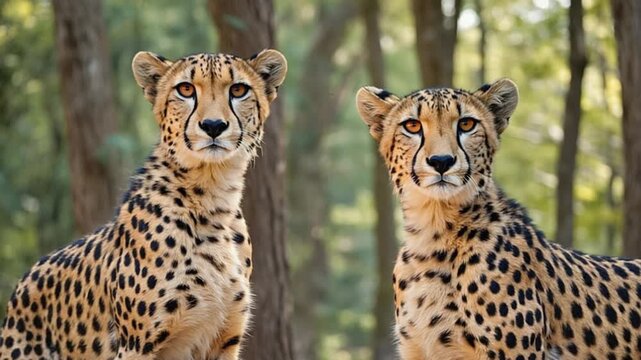 Two cheetahs standing together in a forest looking alert