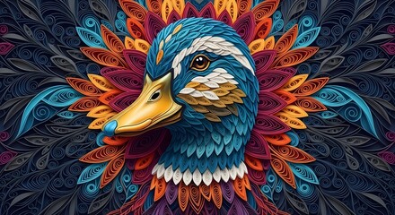 majestic duck rendered in intricate paper quilling style. Vibrant turquoise, gold, and deep blue colors create a psychedelic, ornate mandala pattern.