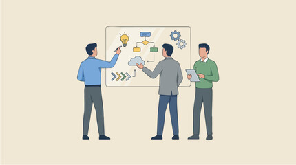 Business team discussing on whiteboard.