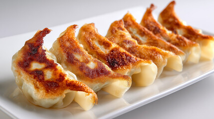 白い長皿に並べられた底面がパリッと香ばしく焼き上がった黄金色の焼き餃子