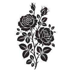 Elegant Black Rose Silhouette Vector with Leaves and Rosebud