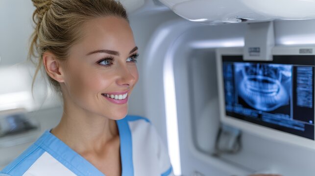Smiling female healthcare professional wearing blue and white attire, observing a dental x-ray on a screen. The setting is a modern medical facility with advanced equipment