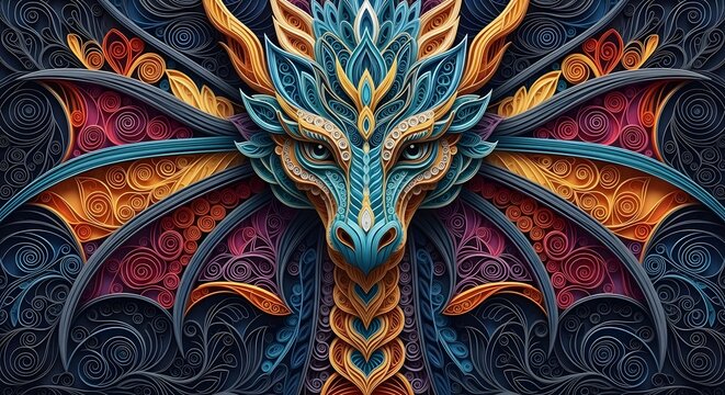 majestic dragon rendered in intricate paper quilling style. Vibrant turquoise, gold, and deep blue colors create a psychedelic, ornate mandala pattern.