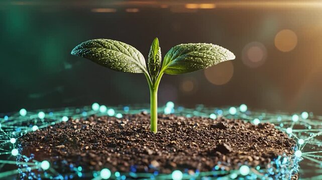 Green seedling sprout growing from dark soil surrounded by digital network glowing connections technology nature convergence future growth innovation