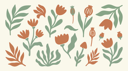 Artistic set of hand drawn abstract flowers and leaves illustration.