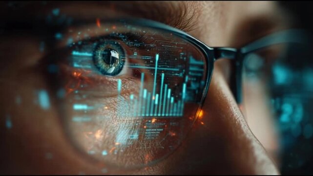 Businessman observing holographic financial charts, light reflecting in his eyes, business strategy for 2026.