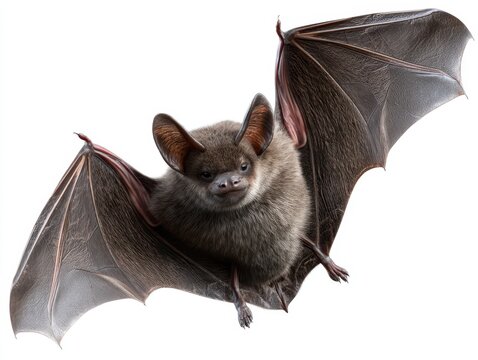 Gray bat in mid-flight with wings spread wide and ears perked, displaying fine fur texture and detailed wing membranes against a plain background. The bat's expressive face is noticeable