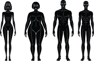 Male and female body types silhouettes set showing slim, curvy, muscular figures, human anatomy diversity vector illustration isolated on white