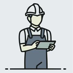 Fototapeta premium タブレットで現場管理をする建設作業員の線画ベクターイラスト