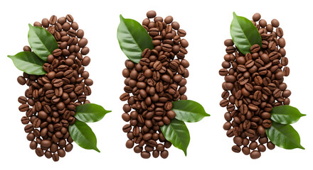 Coffee Beans Arrangement with Green Leaves Isolated on Transparent Background