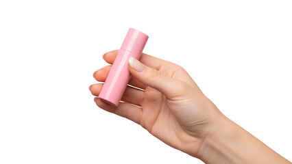 Pink lipstick tube with cap held by hand isolated on transparent background