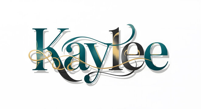 A decorative typography design of the name Kaylee with elegant teal and gold swirls