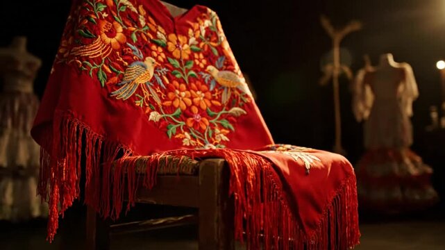 Ornate Embroidered Red Shawl with Fringes on a Wooden Chair in a Dark Room with Dresses