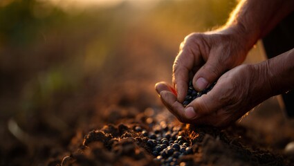 Farmer's hands holding coffee beans in soil at sunrise