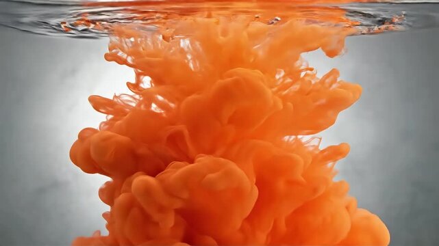 Vibrant orange ink bloom and swirling diffusion in clear water creating an abstract explosion of color against a dark background a dynamic concept image