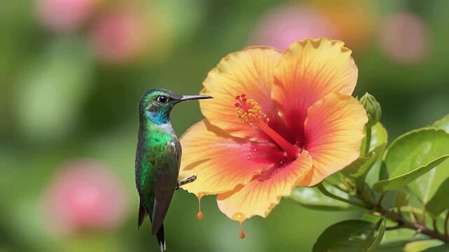 Macro Shot of Small Green Hummingbird Hovering and Feeding from Vibrant Orange Hibiscus Flower in Tropical Garden with Soft Bokeh
