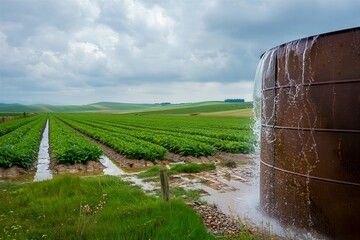 Irrigation system watering lush green crops in a vast agricultural field