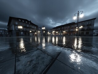 Fototapeta premium Wet cobblestone square with streetlights reflecting on the smooth surface, surrounded by old-style buildings under a cloudy, dramatic evening sky creating a moody atmosphere