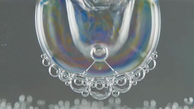 Macro shot of small, effervescent bubbles rising from the bottom of clear liquid against a dark gray background, abstract texture.