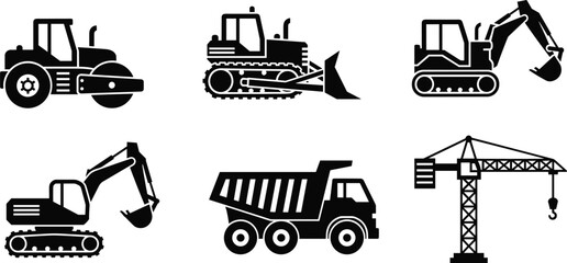 Black heavy construction machinery icons set featuring road roller bulldozer excavator dump truck and industrial tower crane on white background ( © MdAbdul