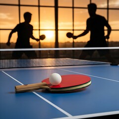 Prompt 13: A red table tennis paddle and a white ball rest on a blue professional table. In the background, the silhouettes of two players are engaged in a fast rally against a sunset seen through a l