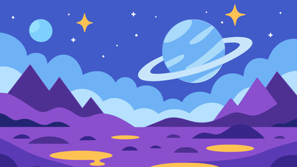 cartoon alien space planet landscape surface galaxy background flat color vector illustration template design
