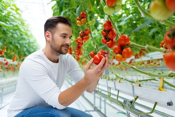 Young man carefully inspecting and harvesting ripe tomatoes in a modern greenhouse