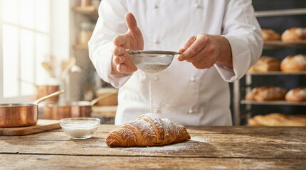 Professional chef sifts powdered sugar onto a freshly baked croissant on a rustic wooden table in a warm, inviting bakery kitchen.