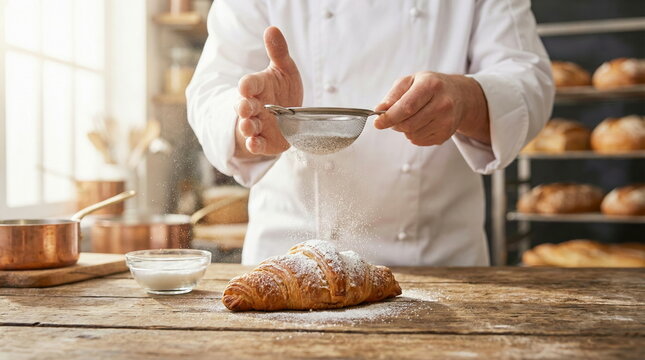 Professional chef sifts powdered sugar onto a freshly baked croissant on a rustic wooden table in a warm, inviting bakery kitchen.