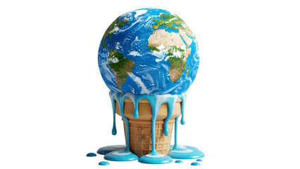Melting earth globe on ice cream cone symbolizing climate change, isolated on transparent background