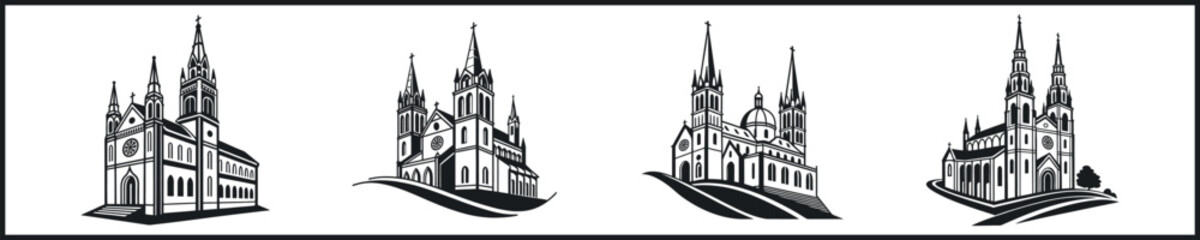 Fototapeta premium Silhouette representing a minimalist monochrome black cathedral icon, with clean lines, spires, and Gothic architecture; professional and elegant vector illustration