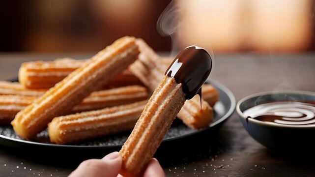 Hand dipping a warm, sugar-coated churro into rich, dark chocolate sauce